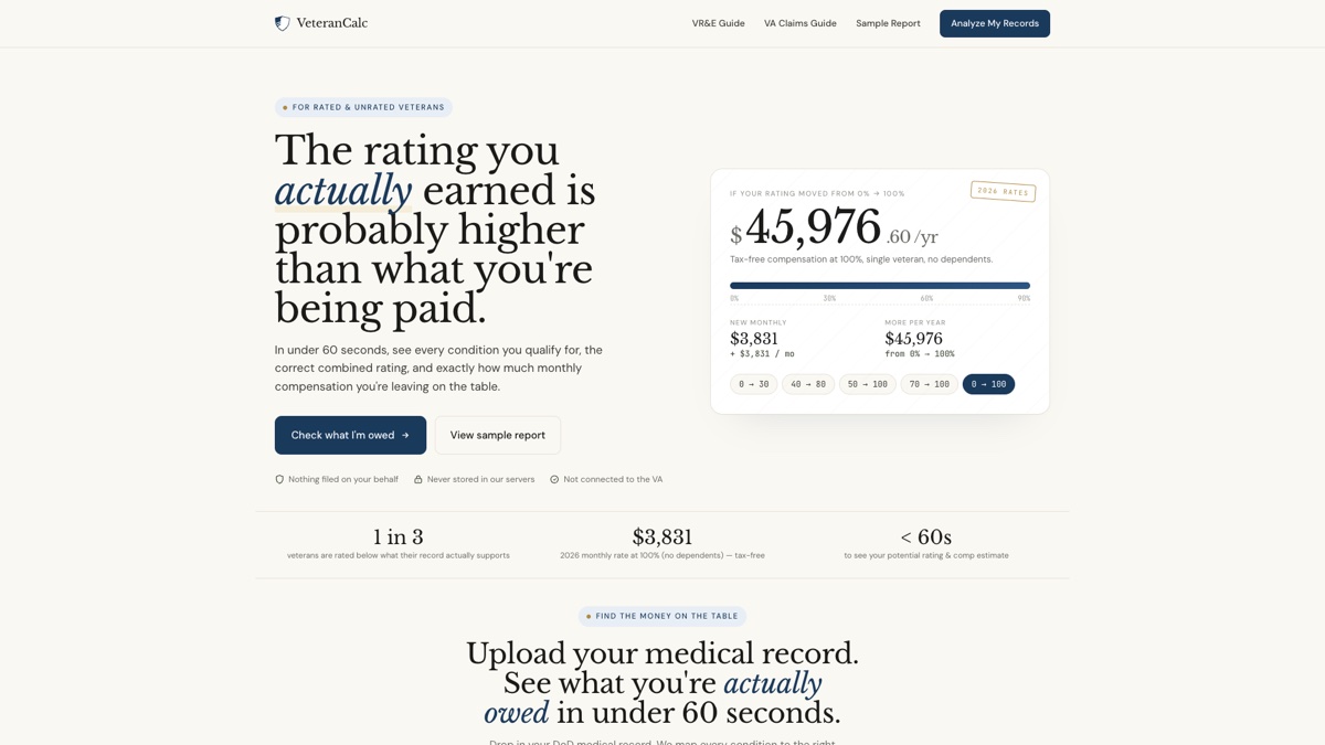 VeteranCalc.com homepage screenshot